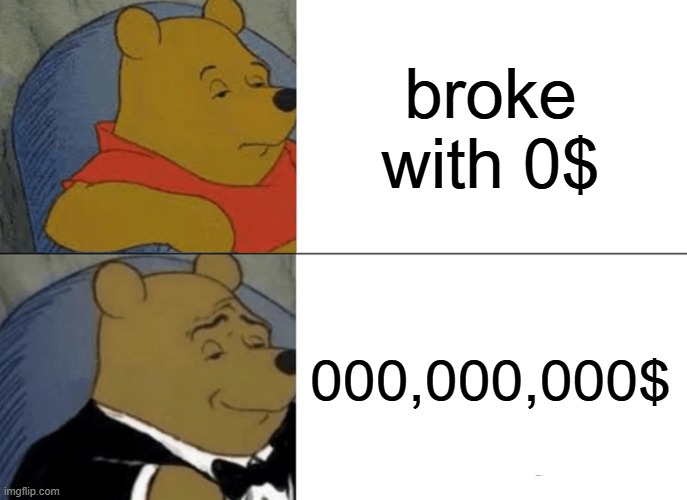 Yup i am a rich and successful millionare | broke with 0$; 000,000,000$ | image tagged in memes,tuxedo winnie the pooh,funny,broke,in terms of money we have no money | made w/ Imgflip meme maker