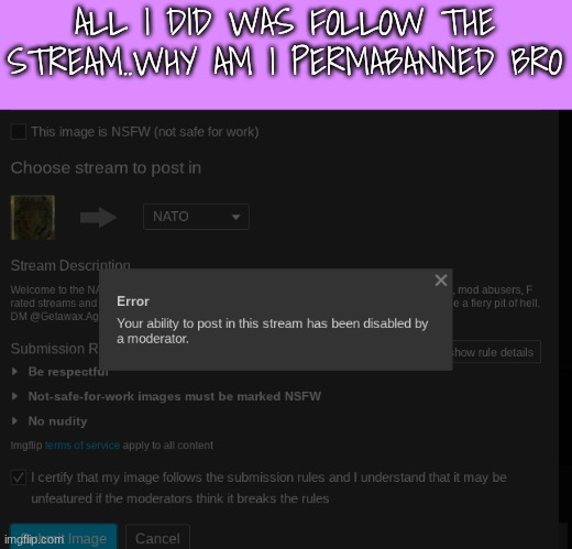 ALL I DID WAS FOLLOW THE STREAM..WHY AM I PERMABANNED BRO | made w/ Imgflip meme maker