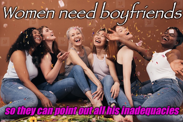 Women need boyfriends | Women need boyfriends; so they can point out all his inadequacies | image tagged in women,men,relationships,womens rights,mens rights,boyfriend | made w/ Imgflip meme maker