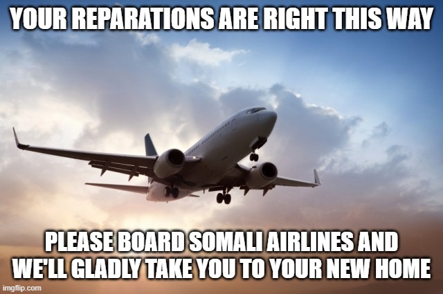 Air plane  | YOUR REPARATIONS ARE RIGHT THIS WAY PLEASE BOARD SOMALI AIRLINES AND WE'LL GLADLY TAKE YOU TO YOUR NEW HOME | image tagged in air plane | made w/ Imgflip meme maker