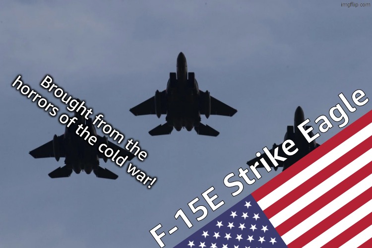 F-15 | Brought from the horrors of the cold war! F-15E Strike Eagle | image tagged in fighter jet postal worker | made w/ Imgflip meme maker