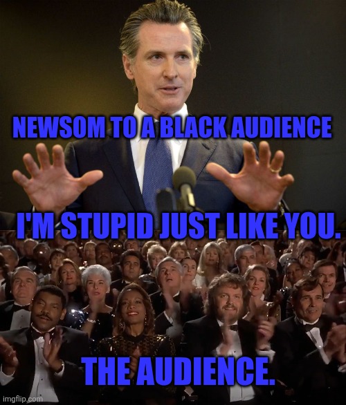 Newsom has Good News | NEWSOM TO A BLACK AUDIENCE; I'M STUPID JUST LIKE YOU. THE AUDIENCE. | image tagged in gov gavin newsom,applause | made w/ Imgflip meme maker
