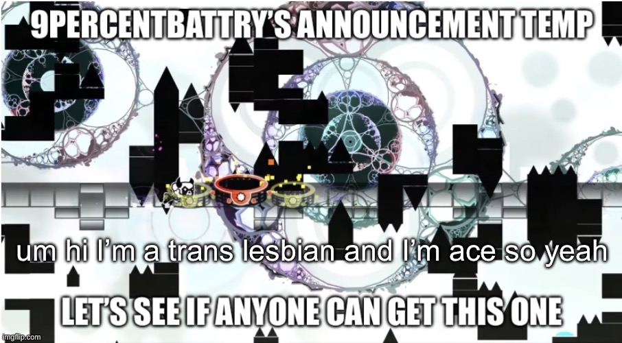 Unfrevbuiofervihbovfrebhiovfre ohivref hoirfvenamesomethingbuoivfreubioerfvioubvrfeobhirfve | um hi I’m a trans lesbian and I’m ace so yeah | image tagged in 9percentbattry sgdannouncementtemp | made w/ Imgflip meme maker