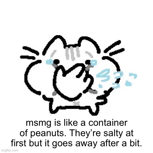 basiileaf cat laughing | msmg is like a container of peanuts. They’re salty at first but it goes away after a bit. | image tagged in basiileaf cat laughing | made w/ Imgflip meme maker