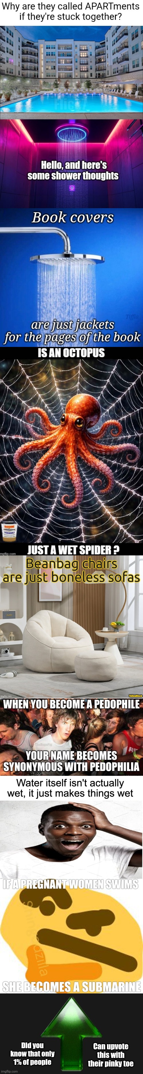 This meme was made by Flick7, Tifflalala, SardineYoghurt, YellowBlack, TheHugePig, Limitless., and .KamakuraSan.  :) | TheHugePig; Did you know that only 1% of people; Can upvote this with their pinky toe | image tagged in upvote,megacollab,collab,imgflip users,shower thoughts,event | made w/ Imgflip meme maker