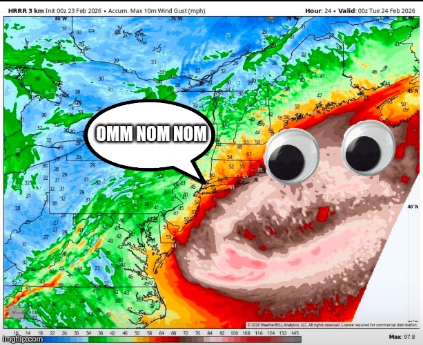 OMM NOM NOM | image tagged in snownado,blow me,winter | made w/ Imgflip meme maker