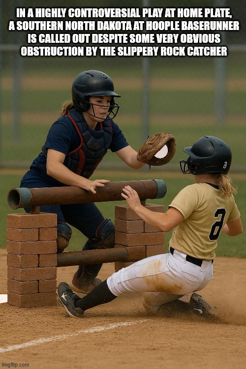 Home Plate Obstruction | IN A HIGHLY CONTROVERSIAL PLAY AT HOME PLATE,
A SOUTHERN NORTH DAKOTA AT HOOPLE BASERUNNER
IS CALLED OUT DESPITE SOME VERY OBVIOUS
OBSTRUCTION BY THE SLIPPERY ROCK CATCHER | image tagged in softball,out,obstruction,home,plate,baserunner | made w/ Imgflip meme maker