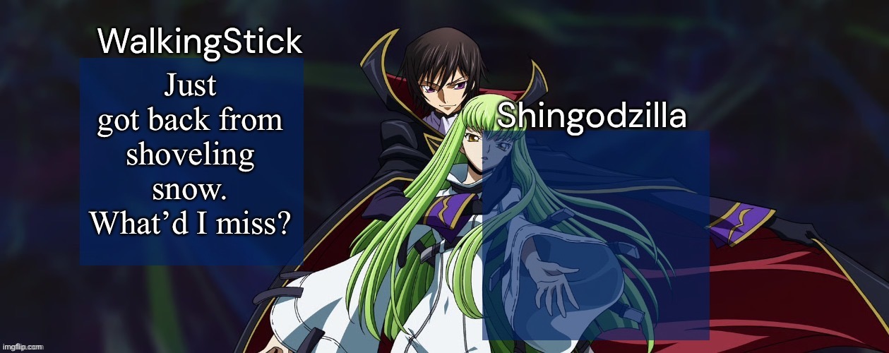 WalkingStick and Shingodzilla | Just got back from shoveling snow. What’d I miss? | image tagged in walkingstick and shingodzilla,msmg | made w/ Imgflip meme maker