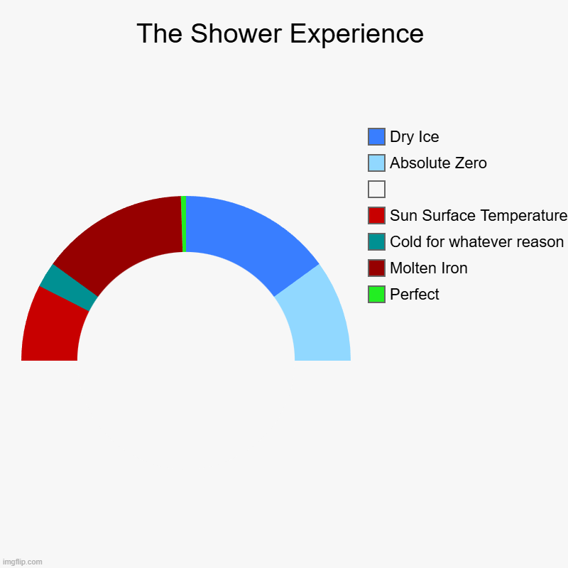 shower temperature from knob | The Shower Experience | Perfect, Molten Iron, Cold for whatever reason, Sun Surface Temperature,  , Absolute Zero, Dry Ice | image tagged in charts,donut charts | made w/ Imgflip chart maker