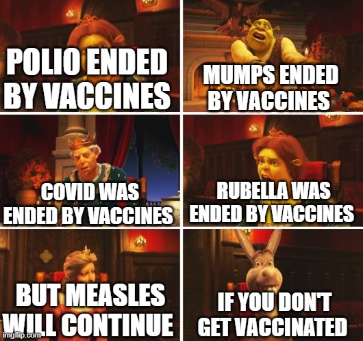 I know unvaccinated people who DIED of covid so... | POLIO ENDED BY VACCINES; MUMPS ENDED BY VACCINES; RUBELLA WAS ENDED BY VACCINES; COVID WAS ENDED BY VACCINES; BUT MEASLES WILL CONTINUE; IF YOU DON'T GET VACCINATED | image tagged in shrek fiona harold donkey | made w/ Imgflip meme maker