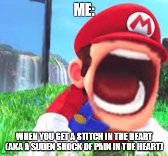 me | ME:; WHEN YOU GET A STITCH IN THE HEART
(AKA A SUDEN SHOCK OF PAIN IN THE HEART) | image tagged in ow oof ouchie mario scraem | made w/ Imgflip meme maker