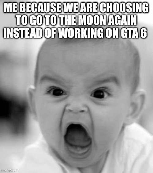 ME BECAUSE WE ARE CHOOSING TO GO TO THE MOON AGAIN INSTEAD OF WORKING ON GTA 6 | image tagged in memes,angry baby | made w/ Imgflip meme maker