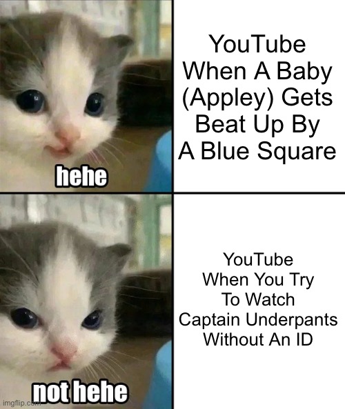 YouTube’s Moderation Is Broken | YouTube When A Baby (Appley) Gets Beat Up By A Blue Square; YouTube When You Try To Watch Captain Underpants Without An ID | image tagged in cute cat hehe and not hehe | made w/ Imgflip meme maker