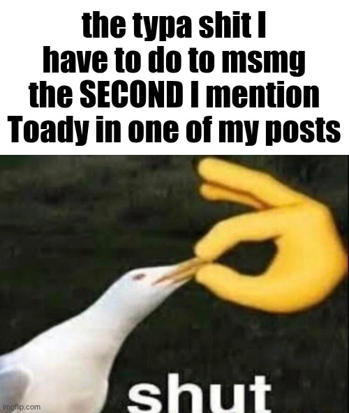 Suppress the Press | the typa shit I have to do to msmg the SECOND I mention Toady in one of my posts | image tagged in shut | made w/ Imgflip meme maker