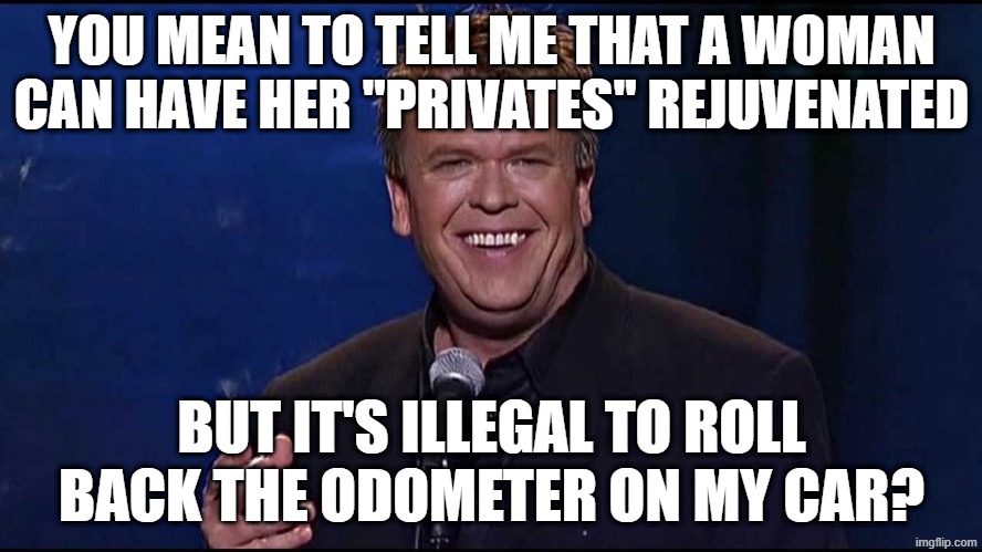 Thing's that make you go....huh? | YOU MEAN TO TELL ME THAT A WOMAN CAN HAVE HER "PRIVATES" REJUVENATED; BUT IT'S ILLEGAL TO ROLL BACK THE ODOMETER ON MY CAR? | image tagged in ron white,funny memes,irony | made w/ Imgflip meme maker