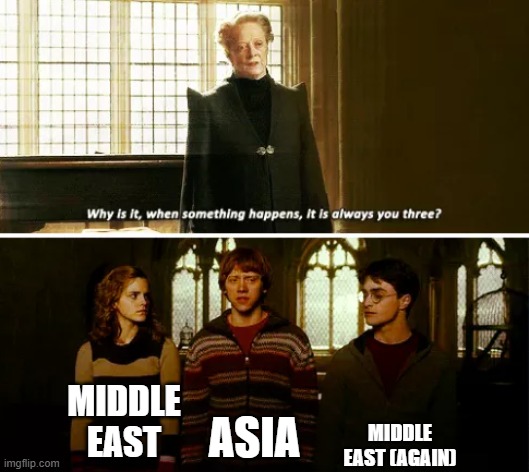 huh | MIDDLE EAST (AGAIN); MIDDLE EAST; ASIA | image tagged in always you three | made w/ Imgflip meme maker
