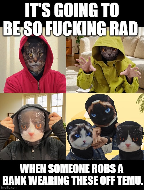 Temu Cat masks / Bank Robbers. I can't be the only one wants to see this on the news. | IT'S GOING TO BE SO FUCKING RAD; WHEN SOMEONE ROBS A 
BANK WEARING THESE OFF TEMU. | image tagged in temu,cat masks,bank robbers | made w/ Imgflip meme maker
