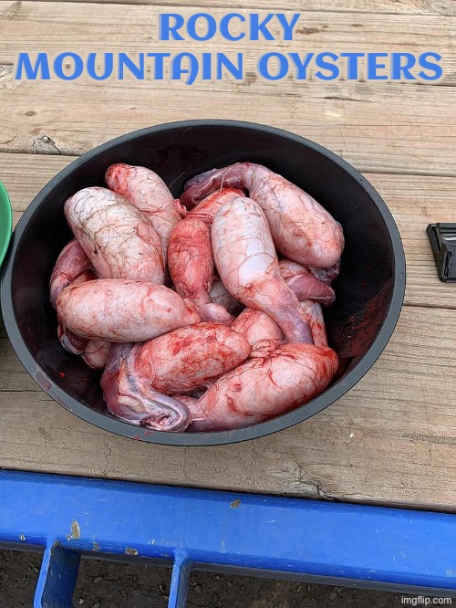 Rocky Mountain Oysters | ROCKY MOUNTAIN OYSTERS | image tagged in cursed images,nasty food,what a terrible day to have eyes,balls,unsee juice,drink bleach | made w/ Imgflip meme maker