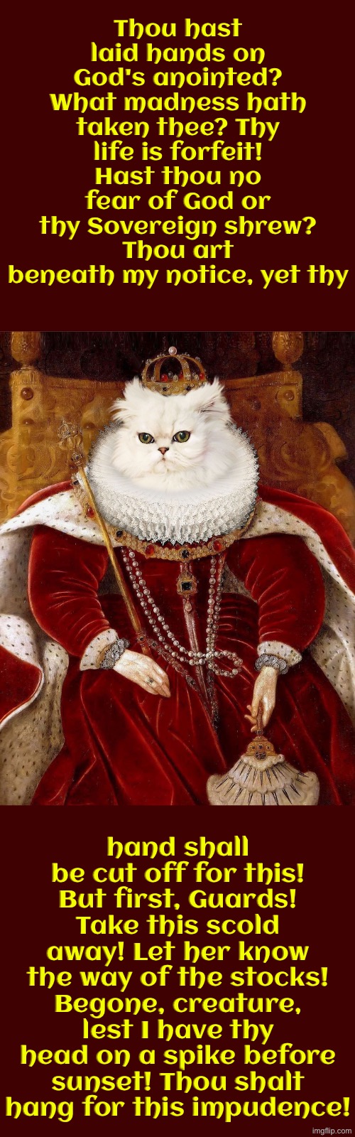 The Hanging Of The Shrew | Thou hast laid hands on God's anointed? What madness hath taken thee? Thy life is forfeit! Hast thou no fear of God or thy Sovereign shrew? Thou art beneath my notice, yet thy; hand shall be cut off for this! But first, Guards! Take this scold away! Let her know the way of the stocks! Begone, creature, lest I have thy head on a spike before sunset! Thou shalt hang for this impudence! | image tagged in cats,medieval memes,funny cats,the queen,slapped,so you have chosen death | made w/ Imgflip meme maker