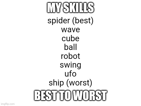 MY SKILLS BEST TO WORST spider (best)
wave
cube
ball
robot
swing
ufo
ship (worst) | made w/ Imgflip meme maker