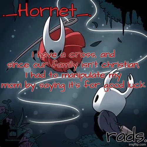 and I bought it because it was pretty | I have a cross, and since our family isn't christian, I had to manipulate my mom by saying it's for good luck | image tagged in hornet and radium temp | made w/ Imgflip meme maker