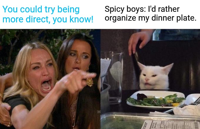 Woman Yelling At Cat Meme | Spicy boys: I'd rather organize my dinner plate. You could try being more direct, you know! | image tagged in memes,woman yelling at cat | made w/ Imgflip meme maker