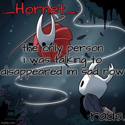 anyone wanna mc | the only person i was talking to disappeared im sad now | image tagged in hornet and radium temp | made w/ Imgflip meme maker
