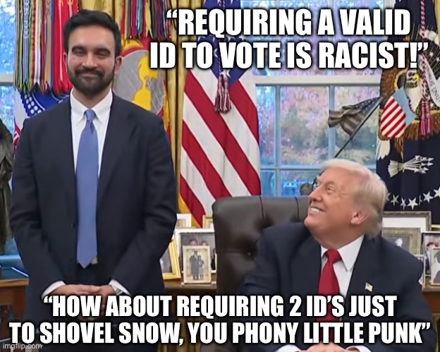 trump mamdani | “REQUIRING A VALID ID TO VOTE IS RACIST!”; “HOW ABOUT REQUIRING 2 ID’S JUST TO SHOVEL SNOW, YOU PHONY LITTLE PUNK” | image tagged in trump mamdani | made w/ Imgflip meme maker