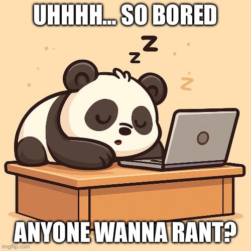 sleeping panda bear on desk with laptop | UHHHH… SO BORED; ANYONE WANNA RANT? | image tagged in sleeping panda bear on desk with laptop | made w/ Imgflip meme maker