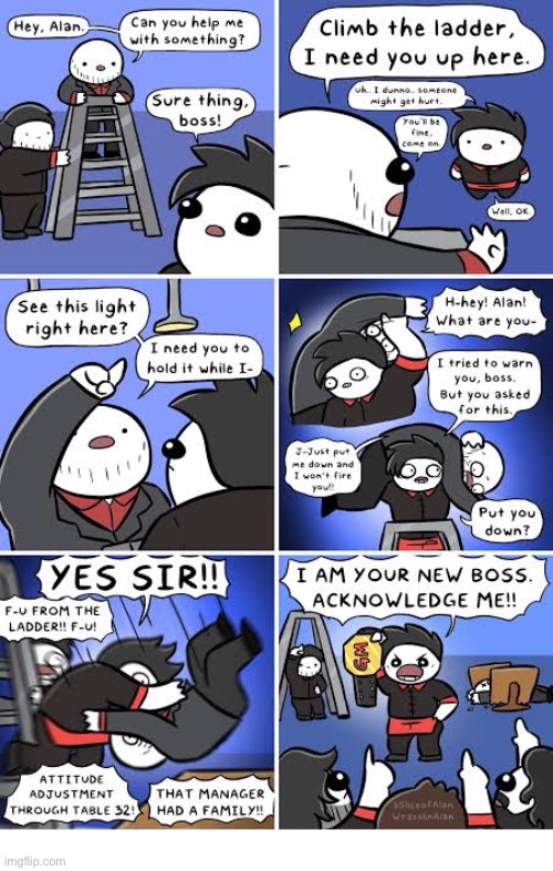 Pro wrestling enters “the squared circle” of the office… | image tagged in comics,office,ladder,wrestling move,punishment,new boss | made w/ Imgflip meme maker