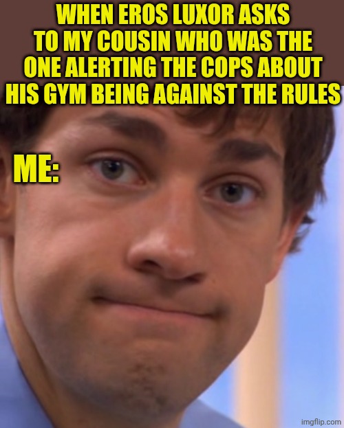 Welp Jim face | WHEN EROS LUXOR ASKS TO MY COUSIN WHO WAS THE ONE ALERTING THE COPS ABOUT HIS GYM BEING AGAINST THE RULES; ME: | image tagged in welp jim face | made w/ Imgflip meme maker