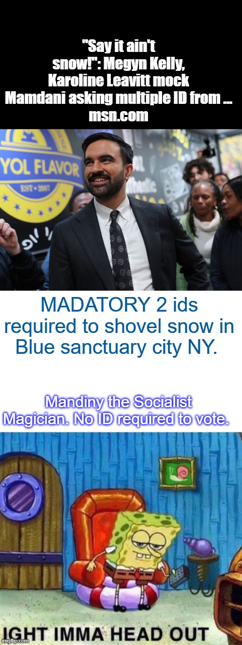 HYPOCRIT | "Say it ain't snow!": Megyn Kelly, Karoline Leavitt mock Mamdani asking multiple ID from ...
msn.com; MADATORY 2 ids required to shovel snow in Blue sanctuary city NY. Mandiny the Socialist Magician. No ID required to vote. | image tagged in memes,spongebob ight imma head out | made w/ Imgflip meme maker