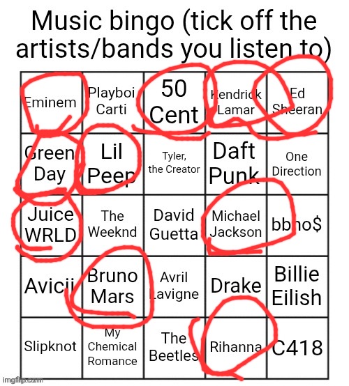 My music bingo answers | image tagged in music bingo,memes | made w/ Imgflip meme maker