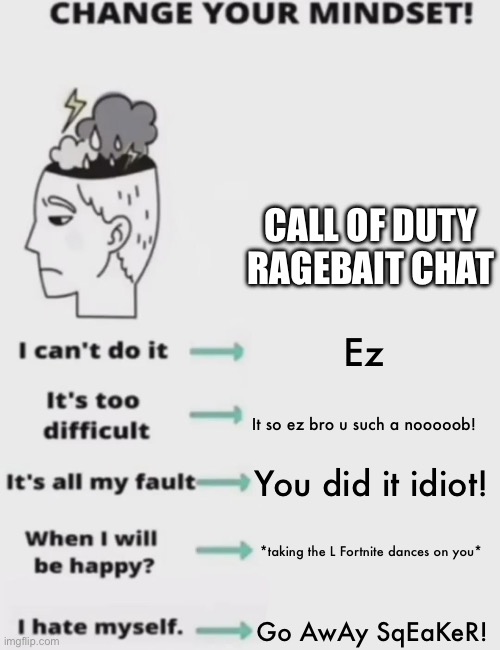 CHANGE YOUR MINDSET! | CALL OF DUTY RAGEBAIT CHAT; Ez; It so ez bro u such a nooooob! You did it idiot! *taking the L Fortnite dances on you*; Go AwAy SqEaKeR! | image tagged in change your mindset,call of duty,roasted,tinfoil hat,squeaker,gay | made w/ Imgflip meme maker