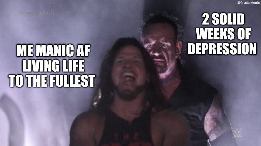 AJ Styles & Undertaker | 2 SOLID WEEKS OF DEPRESSION; ME MANIC AF LIVING LIFE TO THE FULLEST | image tagged in aj styles undertaker | made w/ Imgflip meme maker