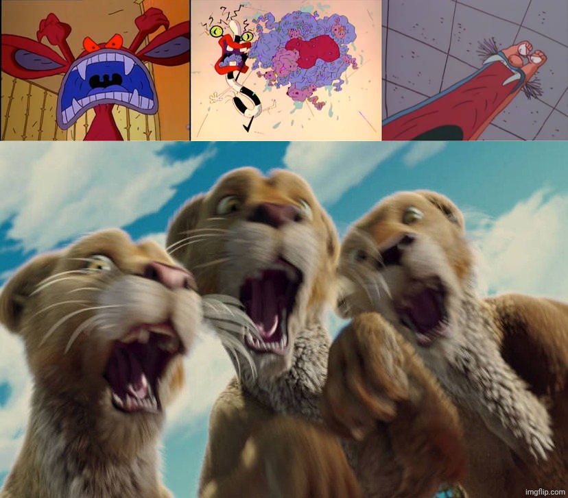 Ickis, Oblina, and Krumm Scare the lionesses | image tagged in ickis oblina and krumm scare who,deviantart,crossover,disney,nickelodeon,paramount | made w/ Imgflip meme maker