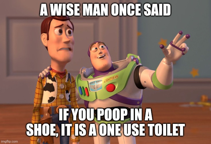 I mean he ain't wrong | A WISE MAN ONCE SAID; IF YOU POOP IN A SHOE, IT IS A ONE USE TOILET | image tagged in memes,x x everywhere,funny,idk,something | made w/ Imgflip meme maker