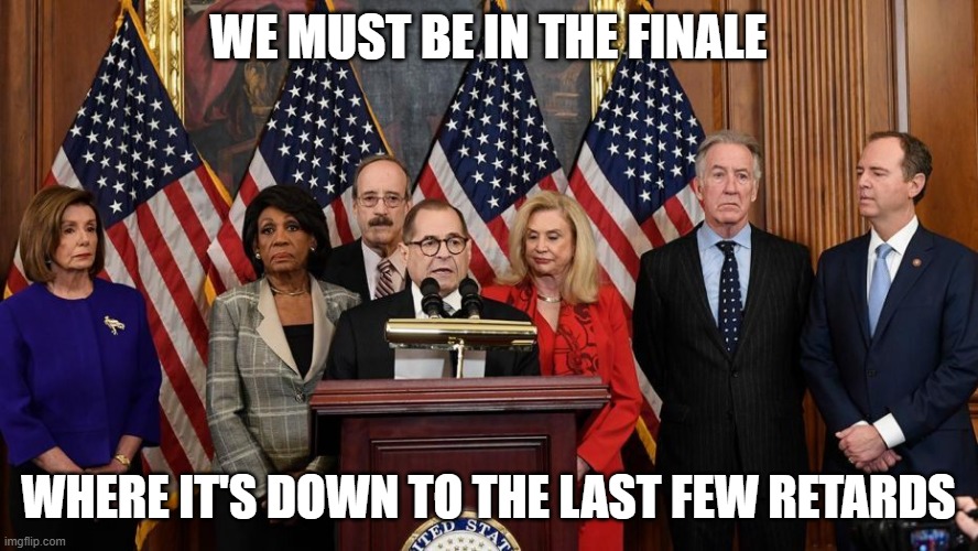 House Democrats | WE MUST BE IN THE FINALE WHERE IT'S DOWN TO THE LAST FEW RETARDS | image tagged in house democrats | made w/ Imgflip meme maker