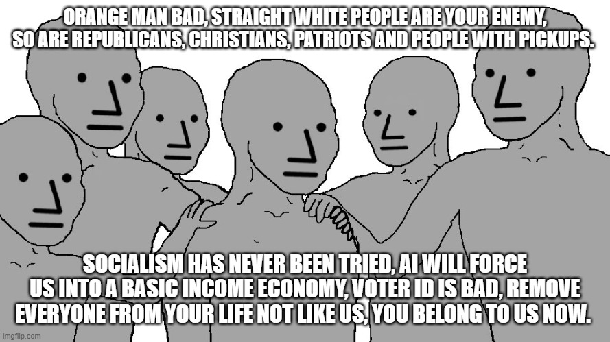 The perfect leftist drone | ORANGE MAN BAD, STRAIGHT WHITE PEOPLE ARE YOUR ENEMY, SO ARE REPUBLICANS, CHRISTIANS, PATRIOTS AND PEOPLE WITH PICKUPS. SOCIALISM HAS NEVER BEEN TRIED, AI WILL FORCE US INTO A BASIC INCOME ECONOMY, VOTER ID IS BAD, REMOVE EVERYONE FROM YOUR LIFE NOT LIKE US, YOU BELONG TO US NOW. | image tagged in npc wojack,demonrat drone,you will assimilate,repeat the mantra,group think,democrat war on america | made w/ Imgflip meme maker