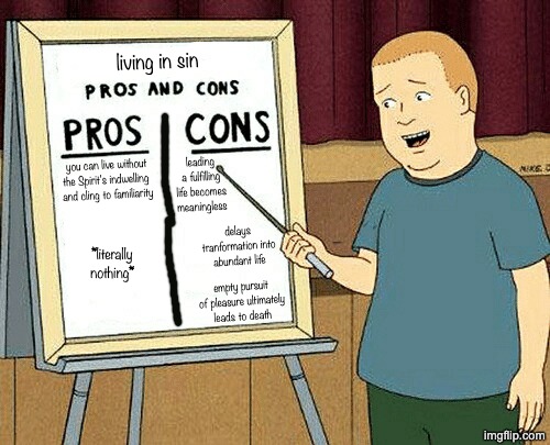 Living In Sin | living in sin; leading a fulfilling life becomes meaningless; you can live without the Spirit's indwelling 
and cling to familiarity; delays tranformation into abundant life; *literally nothing*; empty pursuit of pleasure ultimately leads to death | image tagged in pros and cons | made w/ Imgflip meme maker