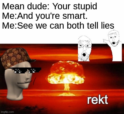 rekt w/text | Mean dude: Your stupid
Me:And you're smart. 
Me:See we can both tell lies | image tagged in rekt w/text | made w/ Imgflip meme maker