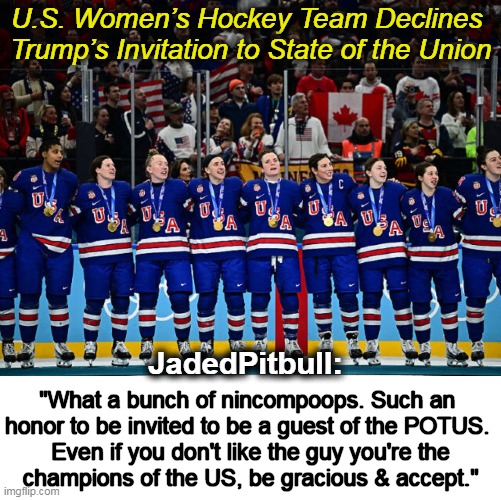 Nothing gracious about these leftist ladies... | U.S. Women’s Hockey Team Declines 
Trump’s Invitation to State of the Union; JadedPitbull:; "What a bunch of nincompoops. Such an 
honor to be invited to be a guest of the POTUS. 
Even if you don't like the guy you're the
champions of the US, be gracious & accept." | image tagged in americans,disrespect,usa,america,sjws,haters gonna hate | made w/ Imgflip meme maker
