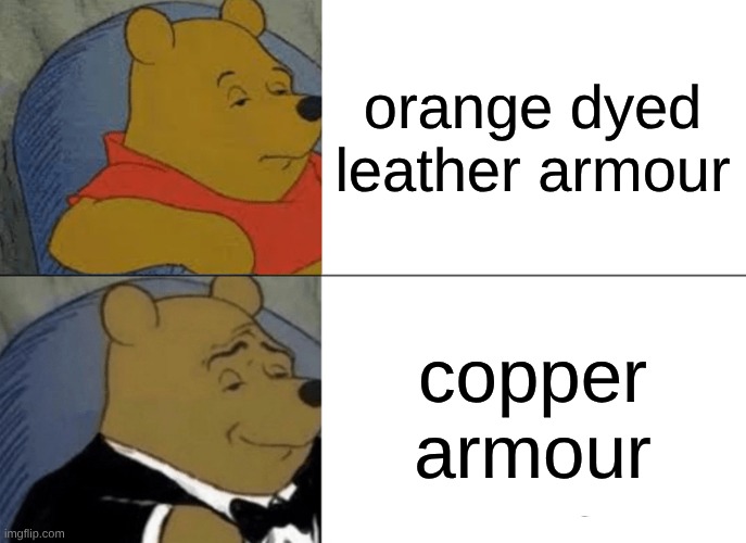 Tuxedo Winnie The Pooh Meme | orange dyed leather armour; copper armour | image tagged in memes,tuxedo winnie the pooh | made w/ Imgflip meme maker