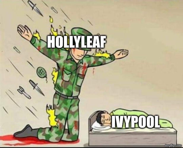 image title | HOLLYLEAF; IVYPOOL | image tagged in soldier stopping daggers,warrior cats,memes | made w/ Imgflip meme maker