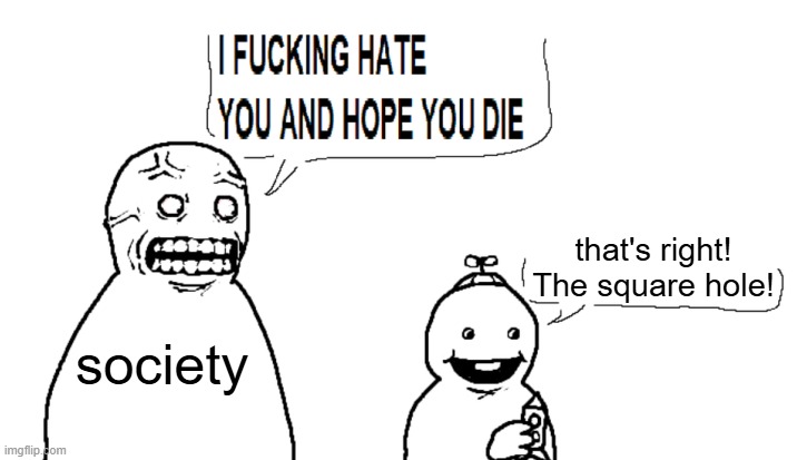 i hate you and hope you die | society that's right!
The square hole! | image tagged in i hate you and hope you die | made w/ Imgflip meme maker