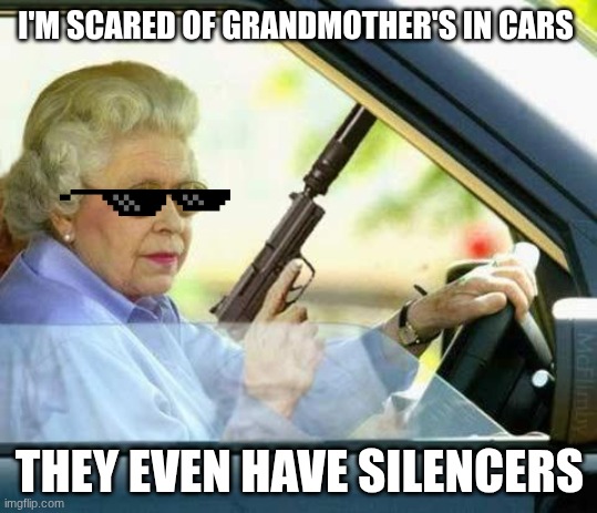 gun | I'M SCARED OF GRANDMOTHER'S IN CARS; THEY EVEN HAVE SILENCERS | image tagged in queen gun,gun meme,gun | made w/ Imgflip meme maker
