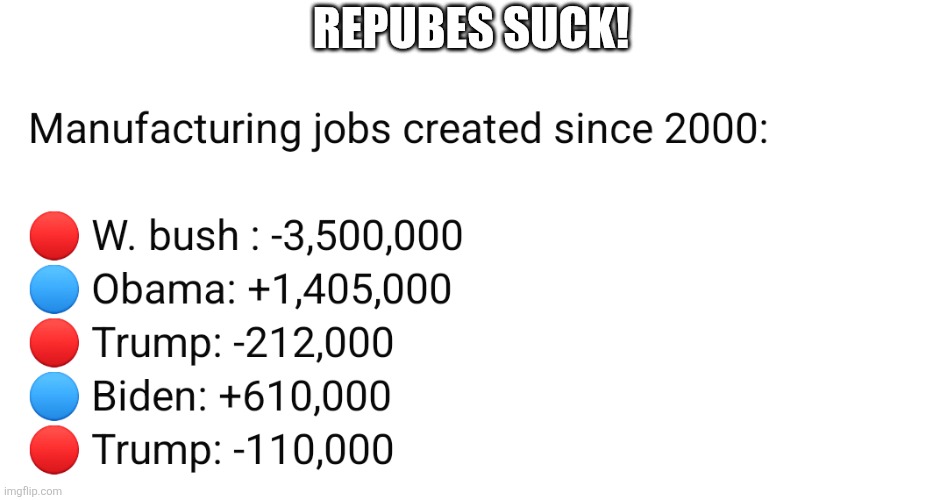 Job creation | REPUBES SUCK! | image tagged in donald trump,trump,obama,biden,nevertrump,trump sucks | made w/ Imgflip meme maker