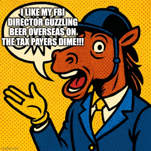 Horseman rambling about nonsense | I LIKE MY FBI DIRECTOR GUZZLING BEER OVERSEAS ON THE TAX PAYERS DIME!!! | image tagged in horseman rambling about nonsense | made w/ Imgflip meme maker