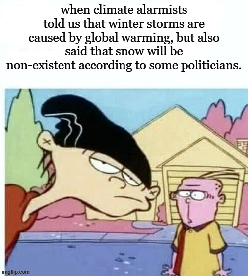 The Power of Double Think | when climate alarmists told us that winter storms are caused by global warming, but also said that snow will be non-existent according to some politicians. | image tagged in double d and eddy stare,politics,climate change,memes | made w/ Imgflip meme maker