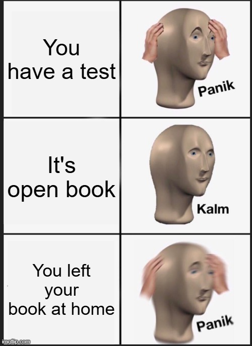 You have a test It's open book You left your book at home | image tagged in memes,panik kalm panik | made w/ Imgflip meme maker